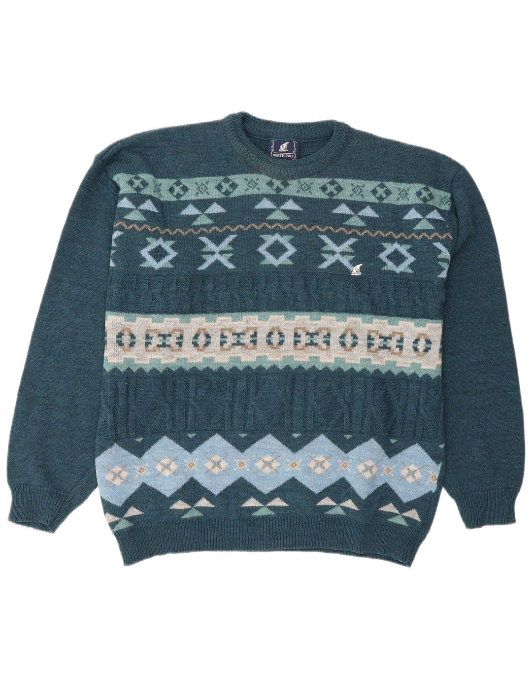 North Pole Herre Crew Neck Jumper Sweater XL Blue Fair Isle Wool