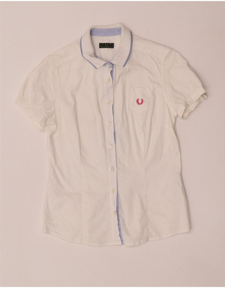 Fred Perry Dame Kortærmet Regular Fit Skjorte UK 12 Medium White Bomuld