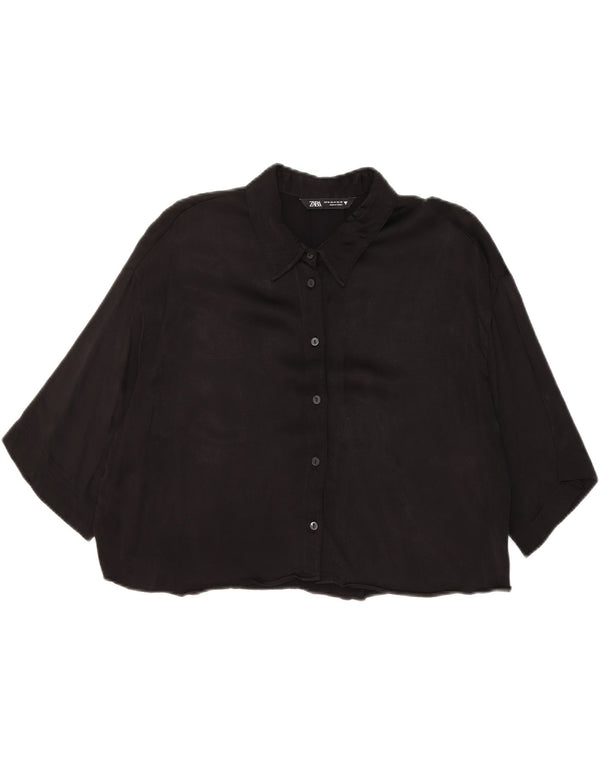 Zara Womens Oversized 3/4-ærmet Crop Shirt Bluse UK 14 Medium Black