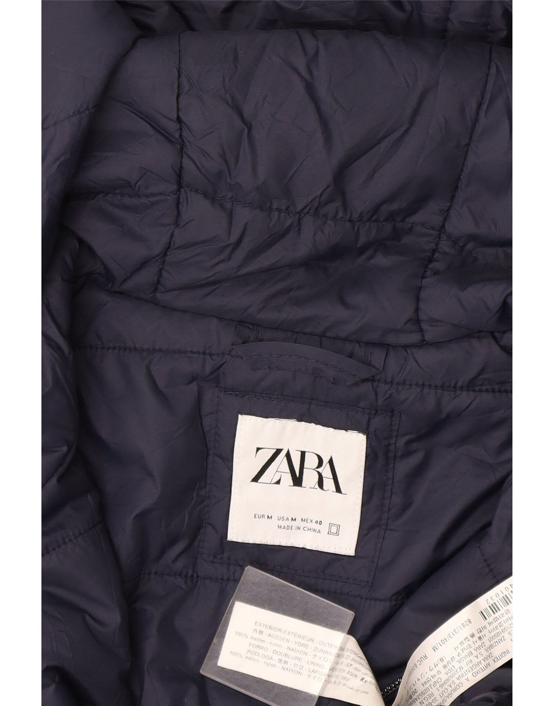 Zara Herre hættepolstret jakke UK 38 Medium Navy Blue Nylon