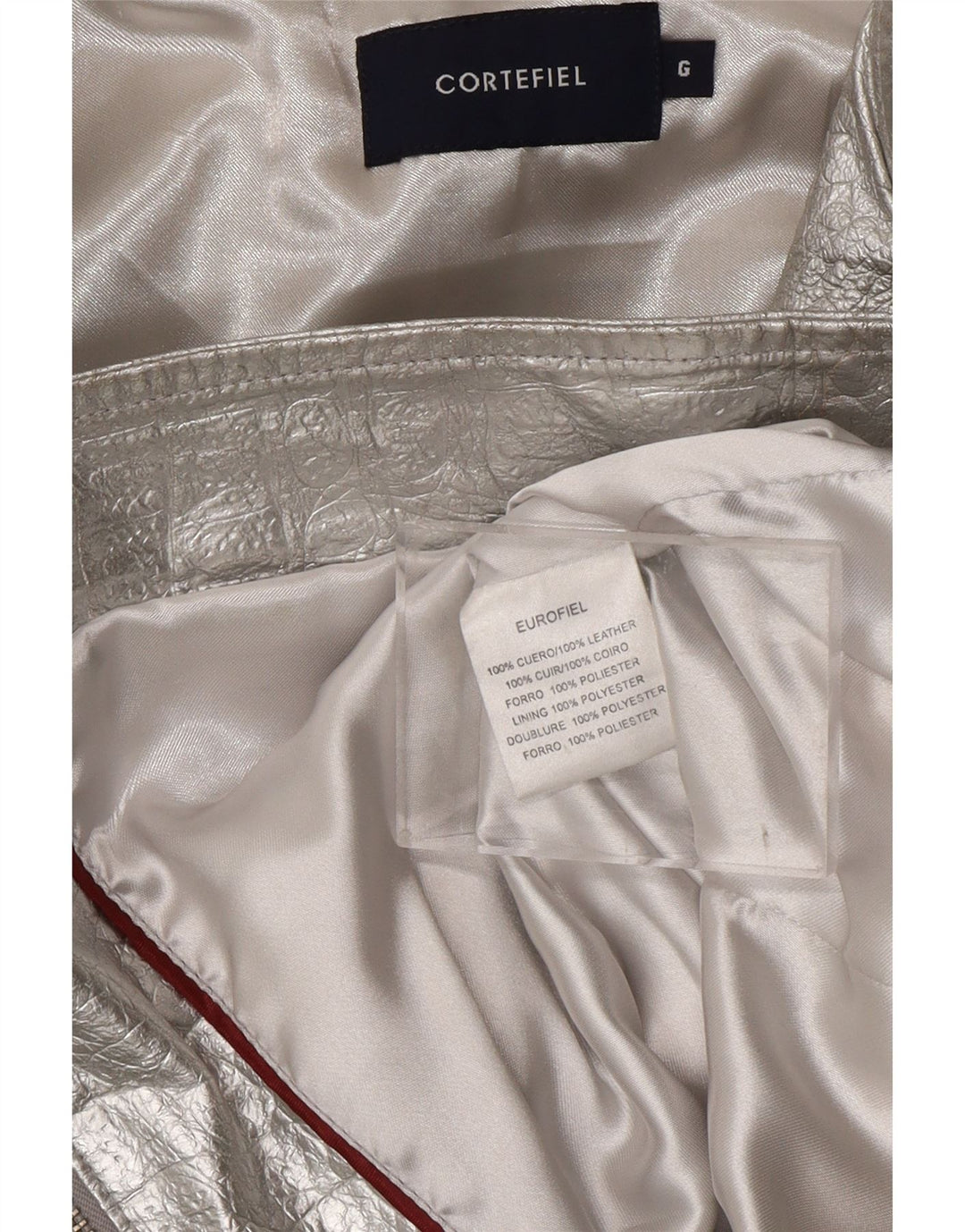 CORTEFIEL Dame Læderjakke UK 12 Medium Sølv Læder