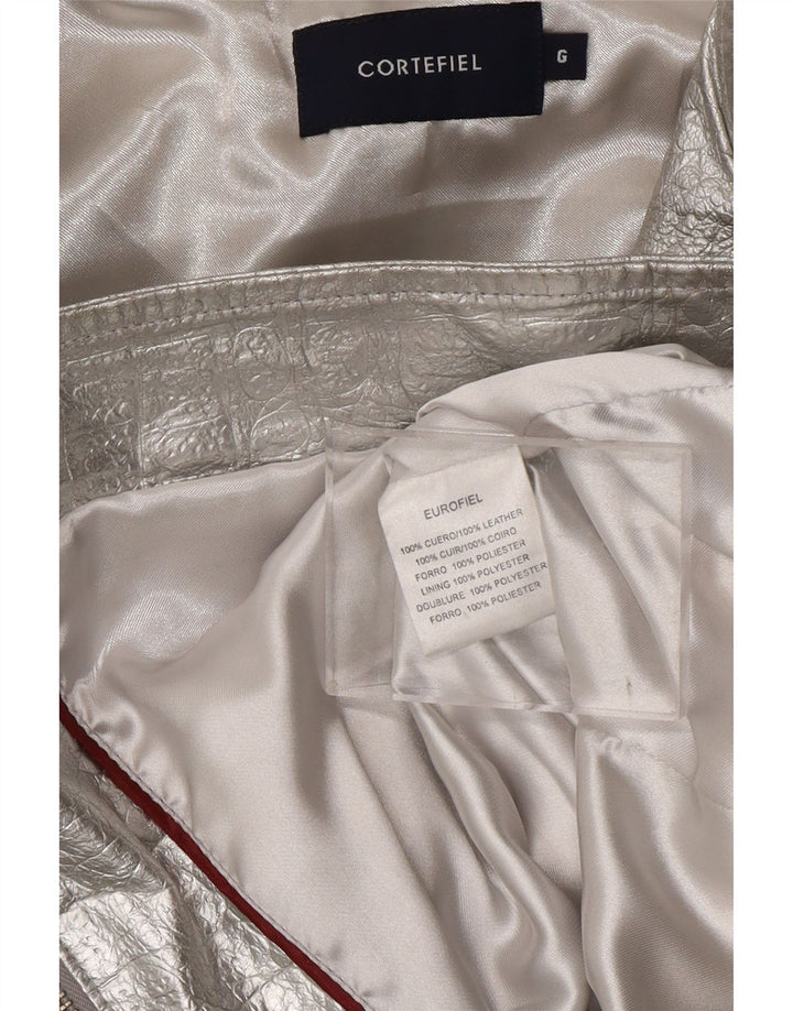 CORTEFIEL Dame Læderjakke UK 12 Medium Sølv Læder