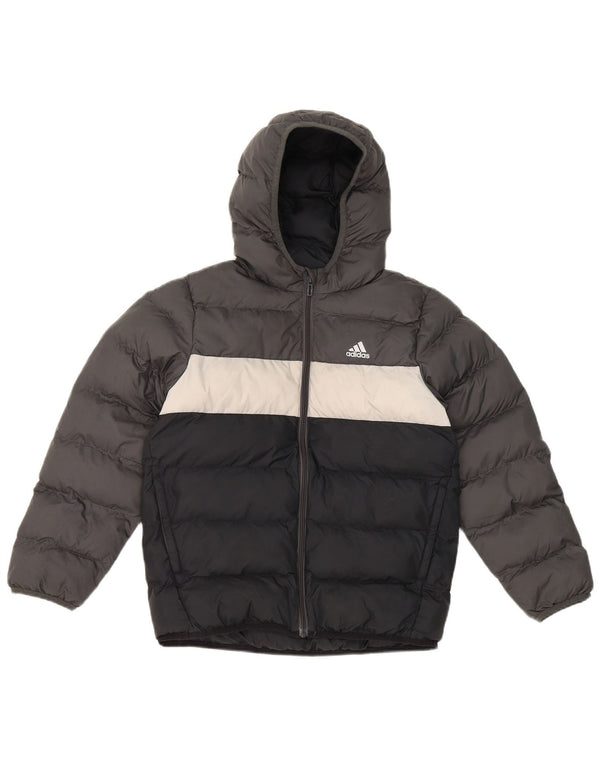 Adidas Boys Hooded Padded Jacket 9-10 Years Grey Colourblock Polyester