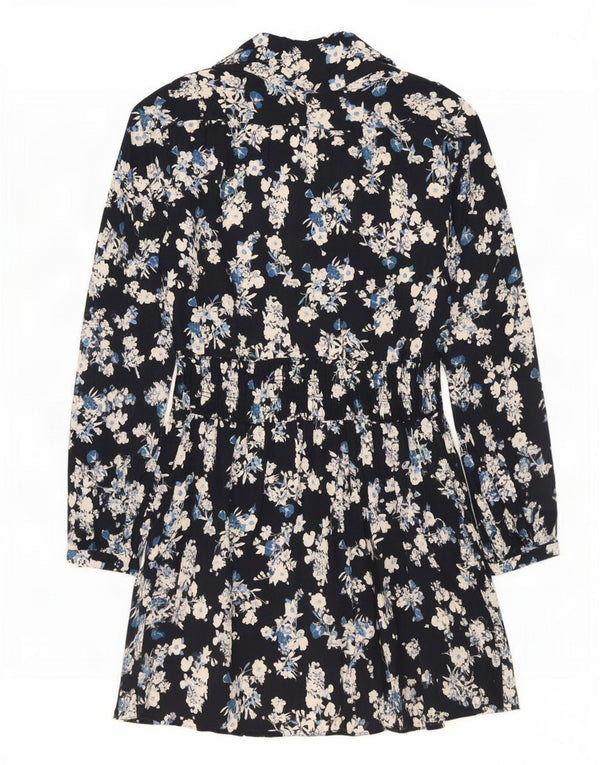 Zara Dame Langærmet Oversized A-Line Kjole UK 10 Small Navy Blue Floral