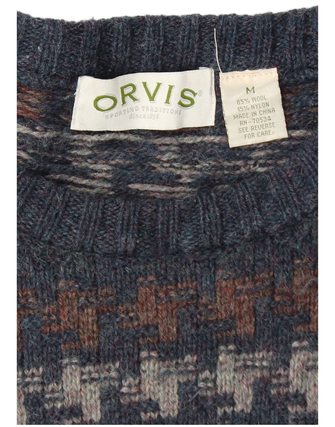 Orvis Herre Boat Neck Jumper Sweater Medium Marineblå Houndstooth Uld
