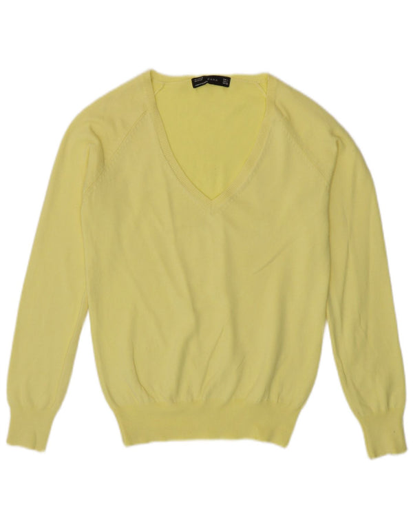 Zara Womens V-Neck Jumper Sweater UK 14 Large Yellow