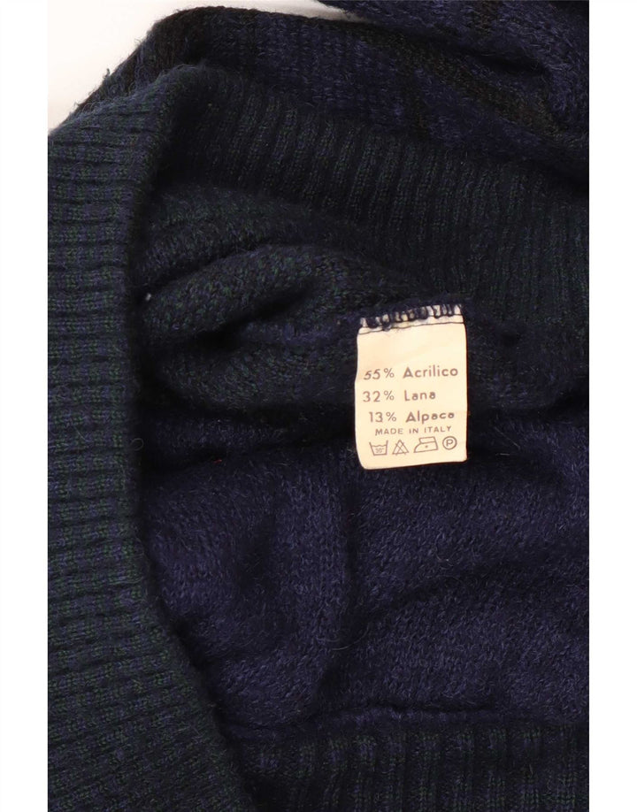 Vintage herre cardigan sweater Medium marineblå ternet polyakryl