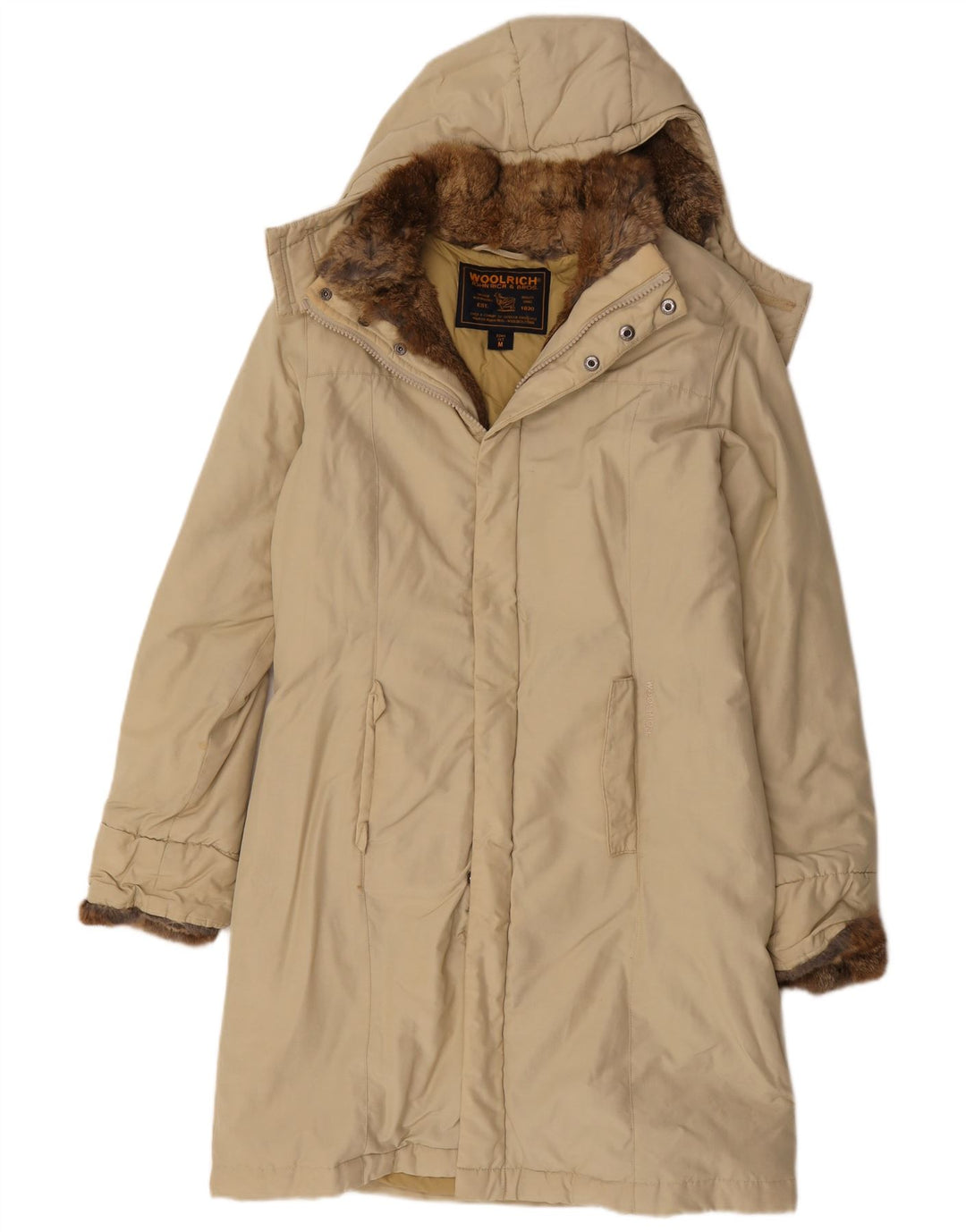 Woolrich Dame Hætte Polstret Frakke UK 12 Medium Beige Bomuld