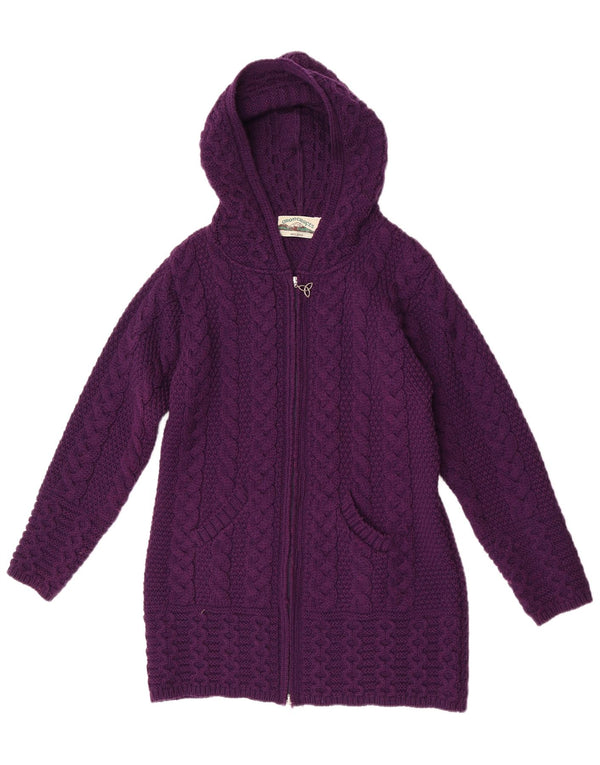 Aran Crafts Dame Longline Hooded Cardigan Sweater UK 10 Small Purple