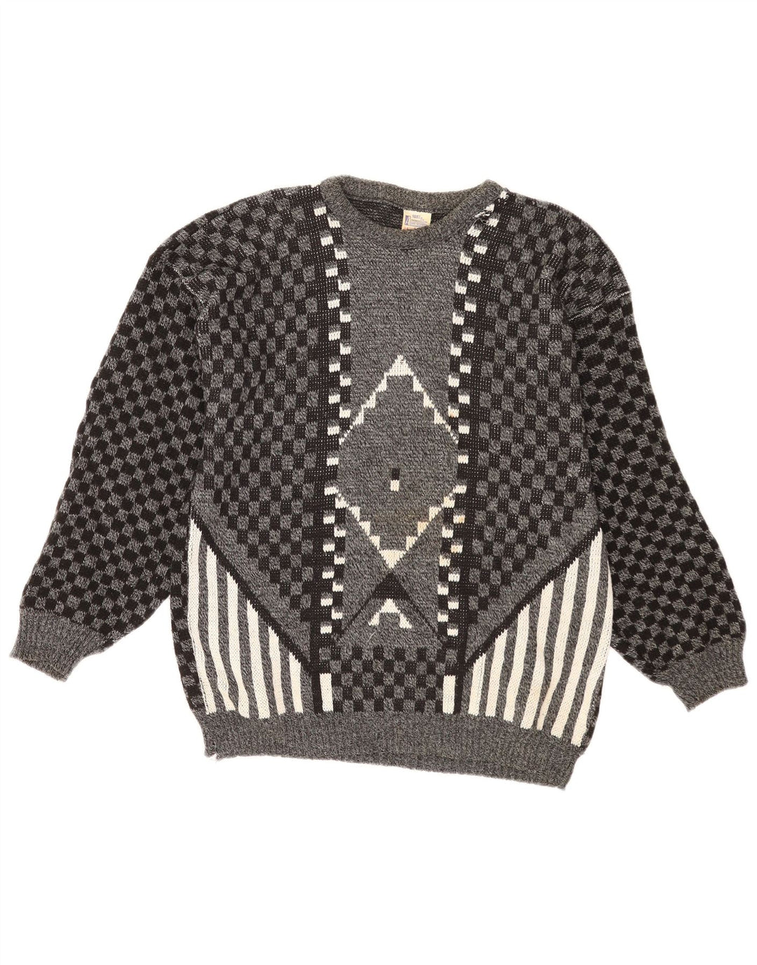 Vintage Herre Boat Neck Jumper Sweater Medium Grey Geometric Acryl
