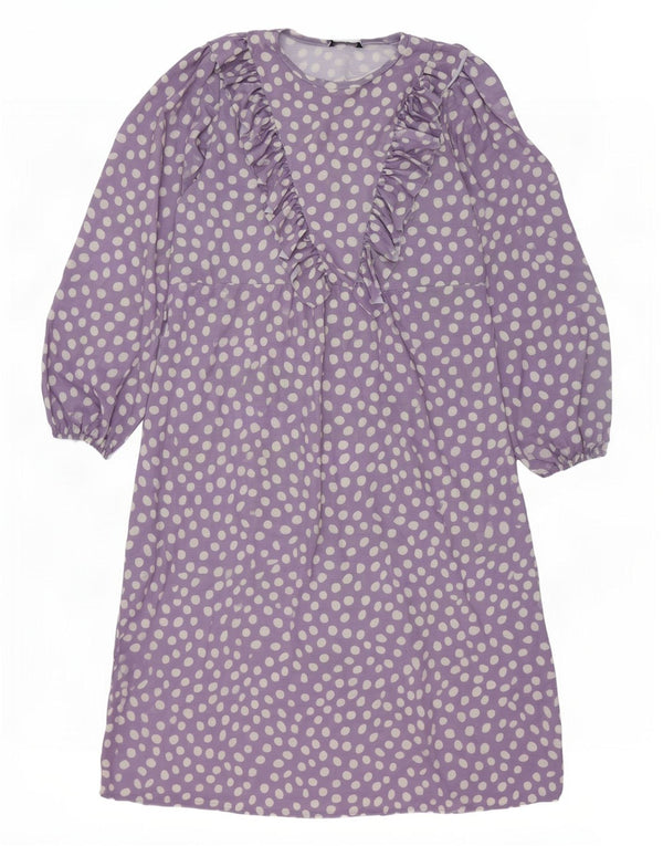 Zara Dame Oversized Ruffle Front Maxi Dress UK 10 Small Purple Spotted