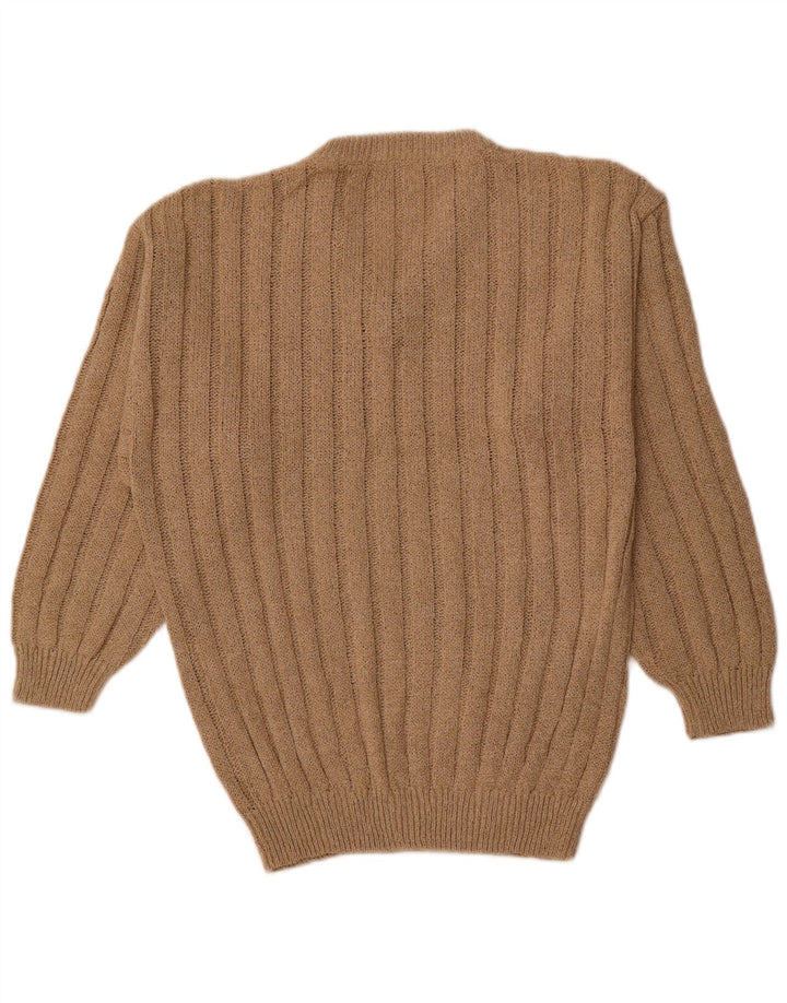 VINTAGE Mens V-Neck Jumper Sweater Medium Brown Cotton