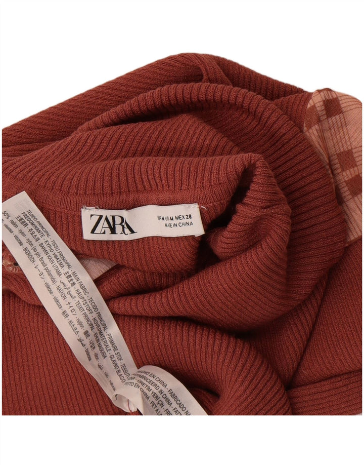 Zara Womens Crop Top Langærmet UK 12 Medium Brown Colourblock Nylon