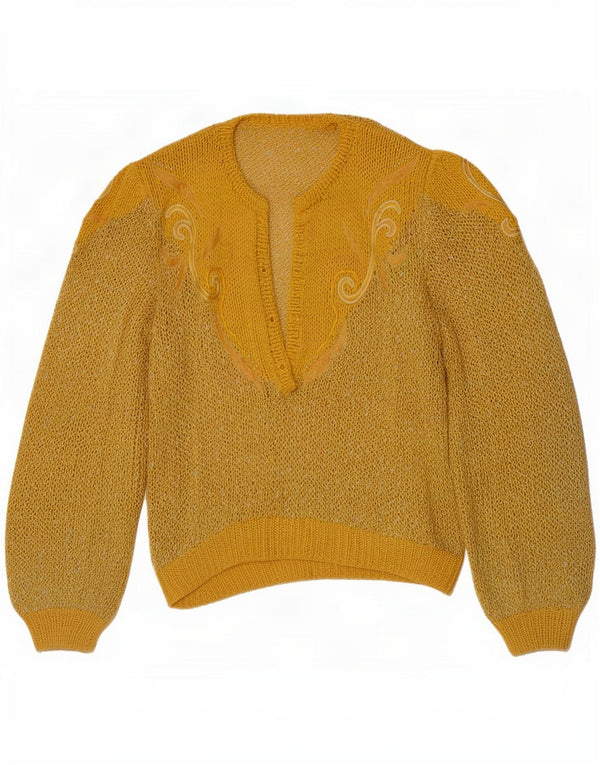 Vintage Dame Button Neck Jumper Sweater UK 10 Small Yellow Retro
