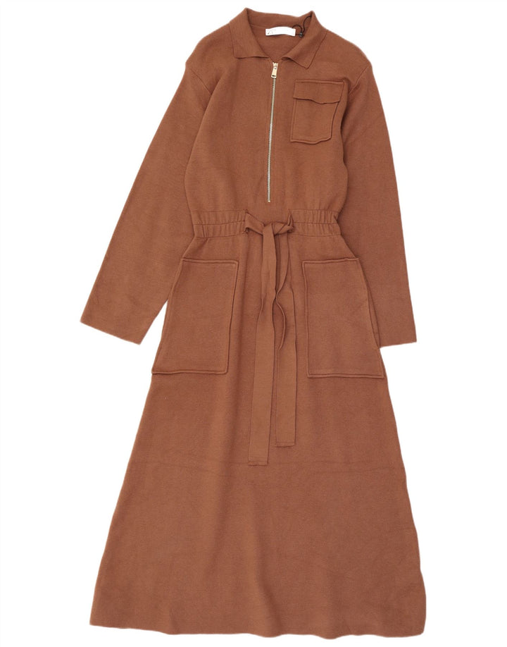 Zara Langærmet Maxikjole til kvinder UK 12 Medium Brun Viscose