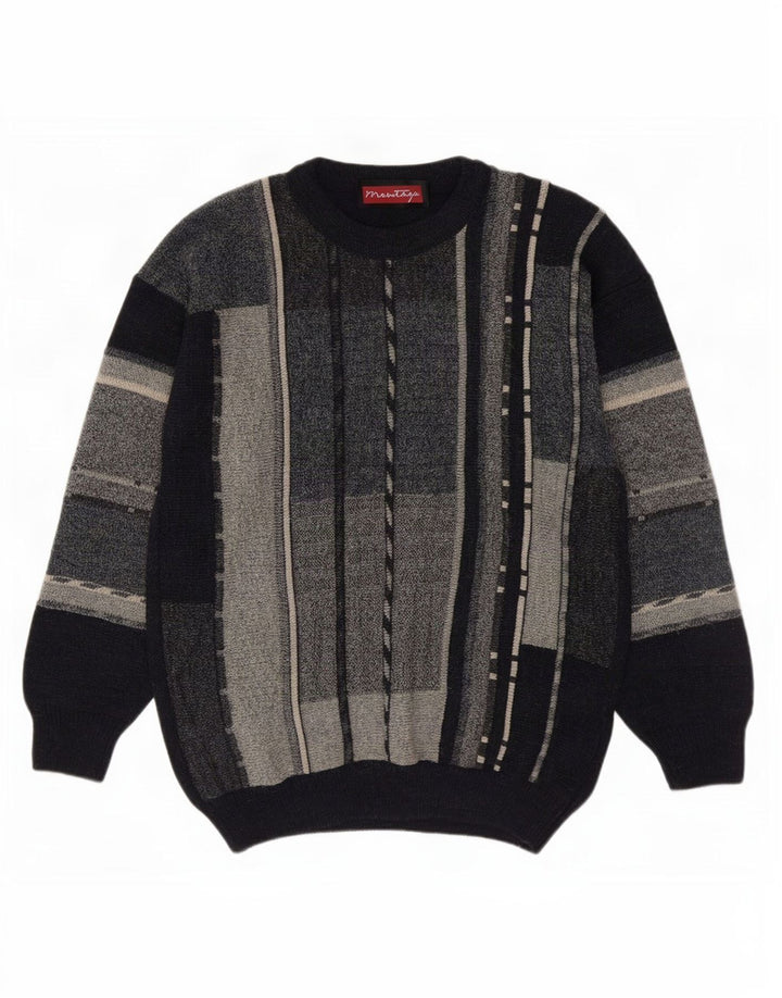 Vintage herre rund hals sweater medium marineblå Colourblock akryl