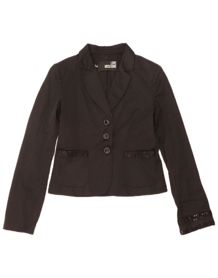 Moschino Dame Crop 3 Button Blazer Jacket IT 42 Medium Sort Bomuld