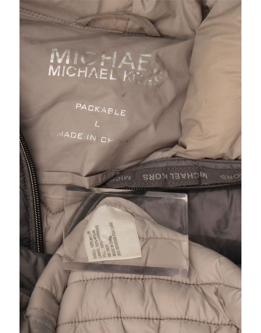 MICHAEL KORS Dame hætte polstret frakke UK 16 Stor grå nylon