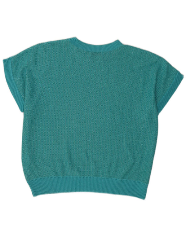 Vintage kvinders kortærmet strikbluse Top IT 46 Stor turkis geometrisk