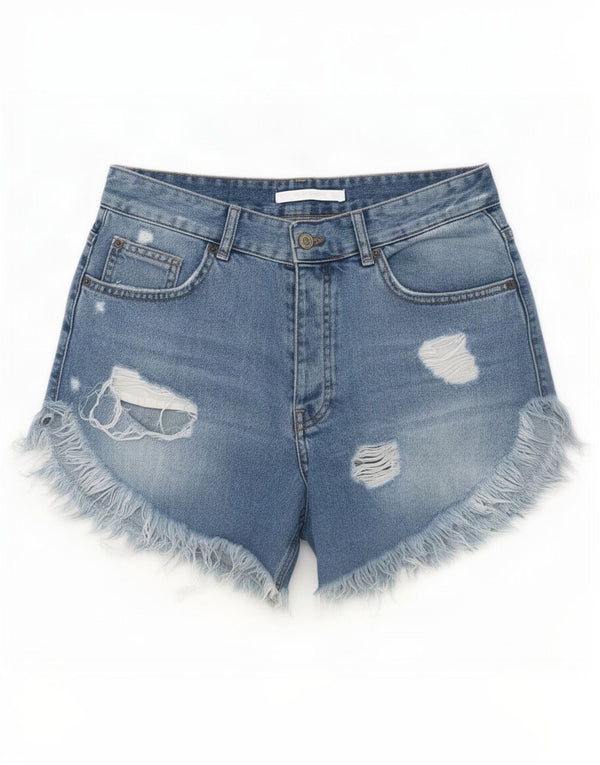 Zara Dame Trafaluc Distressed Denim Shorts EU 36 XS W26 Blue Floral