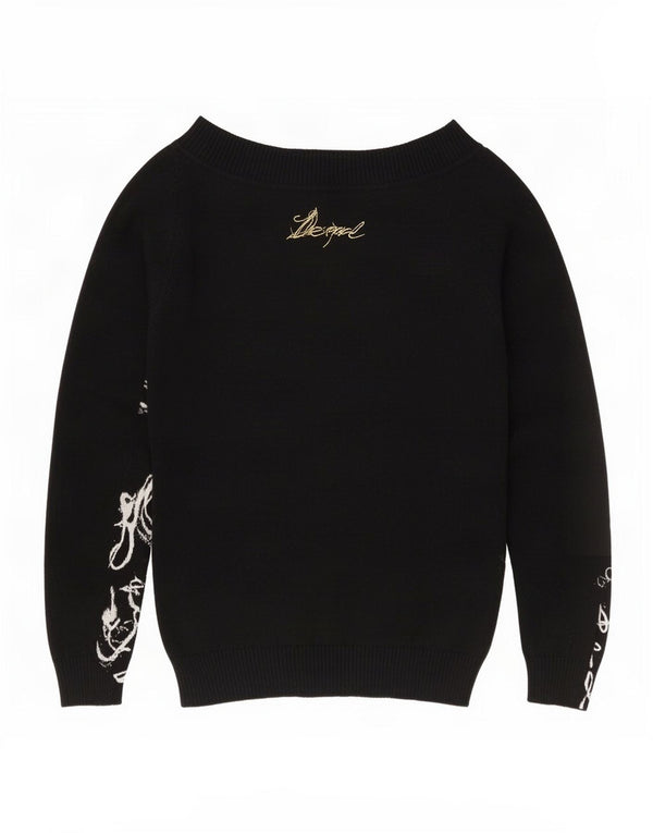 Desigual Womens Graphic Boat Neck Jumper Sweater UK 10 Small Black Cotton