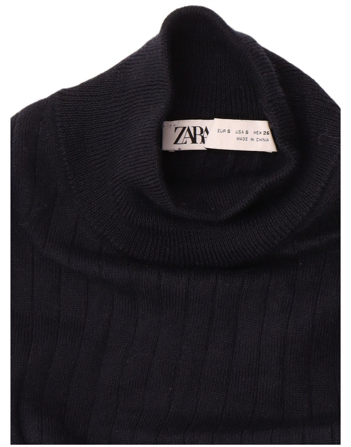 ZARA Womens Longline Turtle Neck Jumper Sweater UK 10 Small Navy Blue