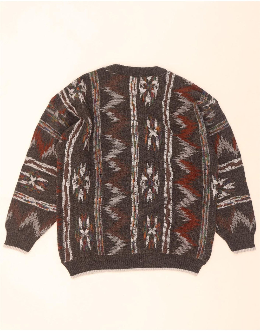 Vintage herre rund hals sweater mellemgrå geometrisk