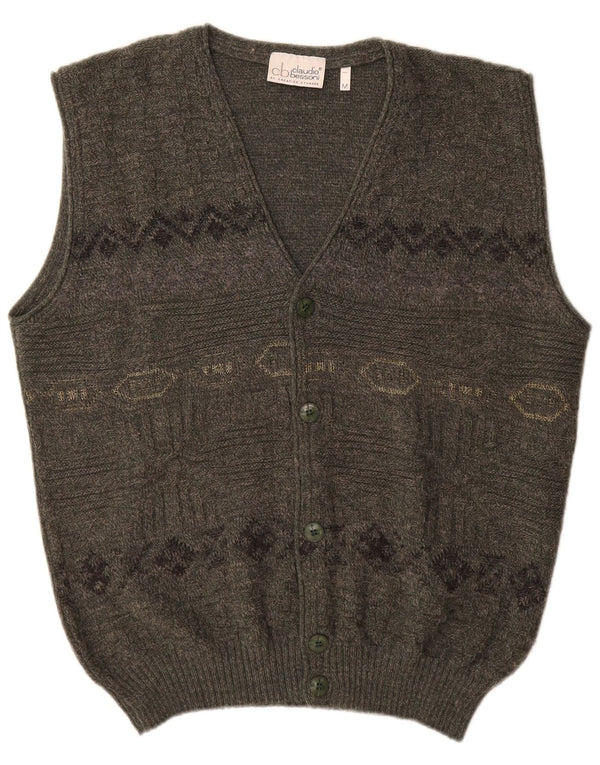 Vintage herre ærmeløs cardigan sweater Medium Khaki Geometrisk akryl