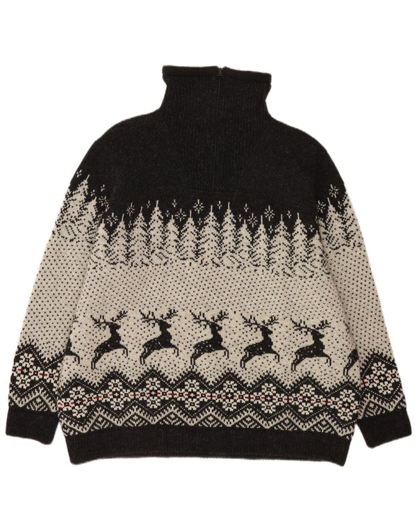 Vintage Herre Zip Neck Jumper Sweater 2XL Black Fair Isle Wool
