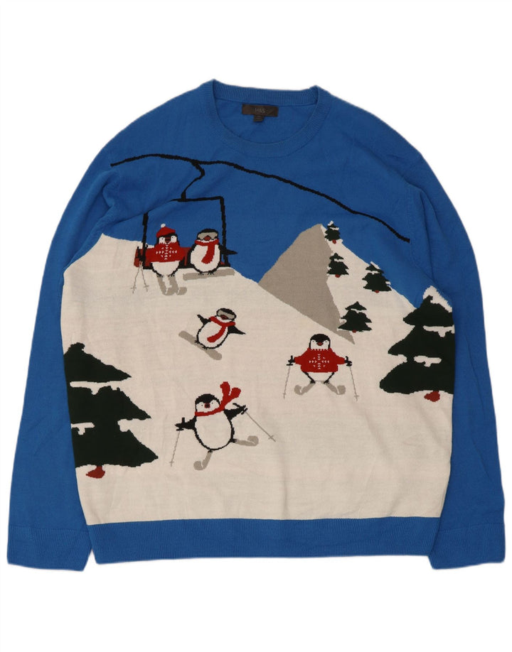 Marks & Spencer Herre grafisk rund hals sweater 2XL blå farveblok