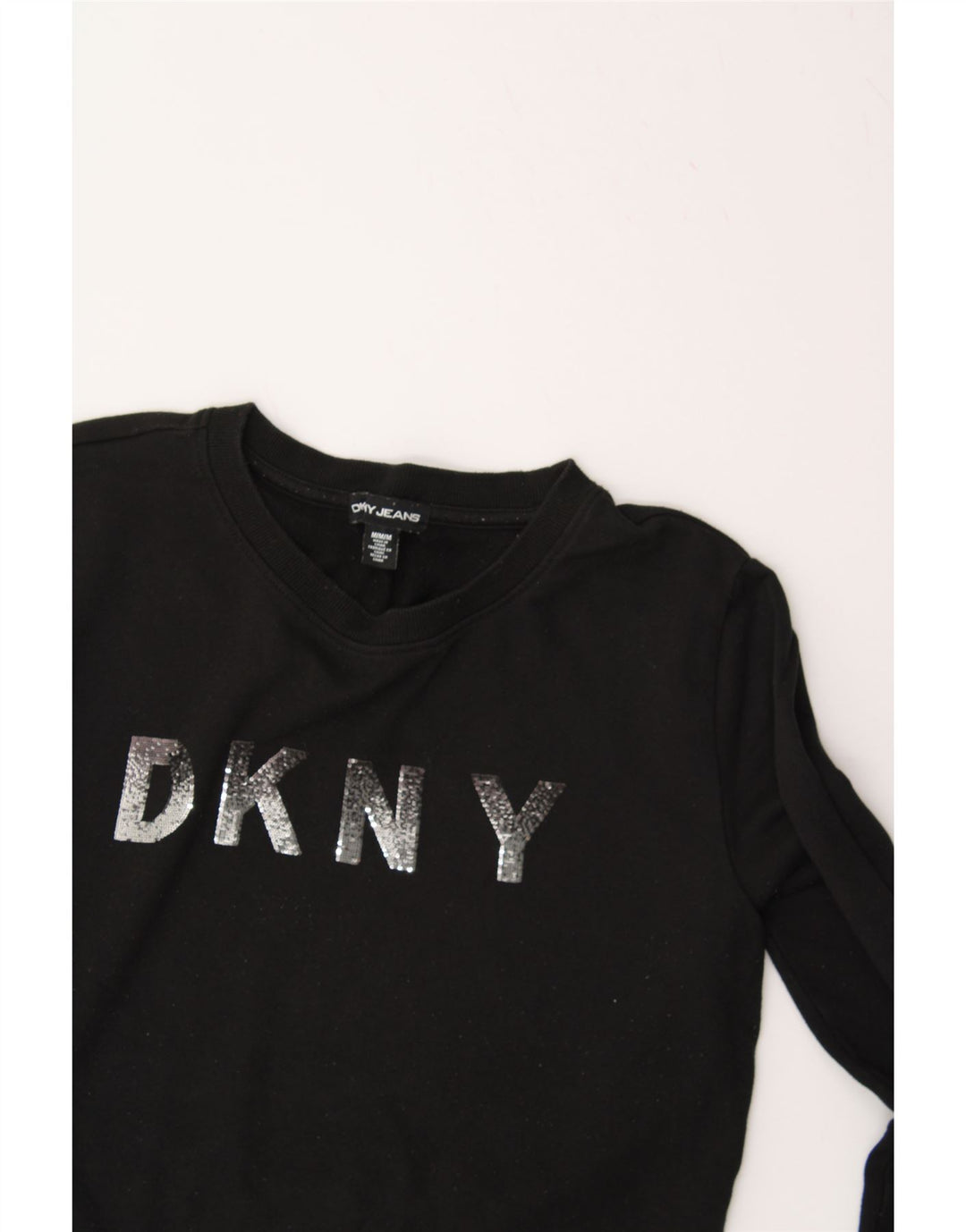 DKNY Womens Graphic Sweatshirt Jumper UK 14 Medium Black Cotton Vintage Dkny and Second-Hand Dkny from Messina Hembry 