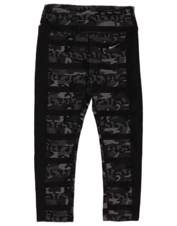 Nike Dame Dri Fit Capri Leggings UK 8 Small Black Camouflage Nylon