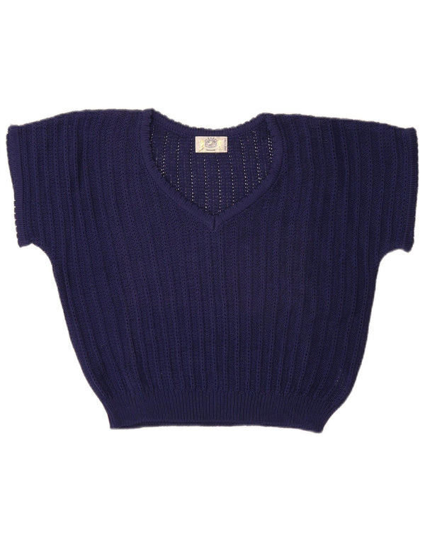 Vintage Womens Crop V-hals sweater UK 14 Medium Navy Blue