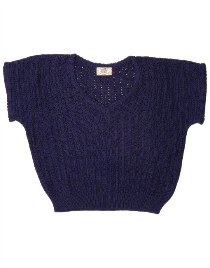 Vintage Womens Crop V-hals sweater UK 14 Medium Navy Blue