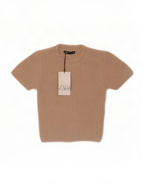 Zara Womens Crop Short Sleeve Crew Neck Jumper Sweater UK 8 Small Beige