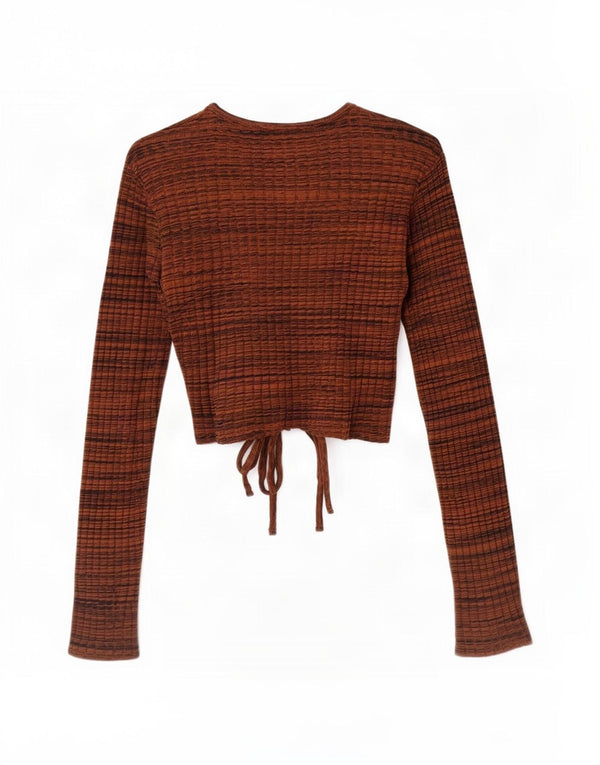 Zara Womens Crop Top Langærmet UK 8 Lille brun stribet bomuld