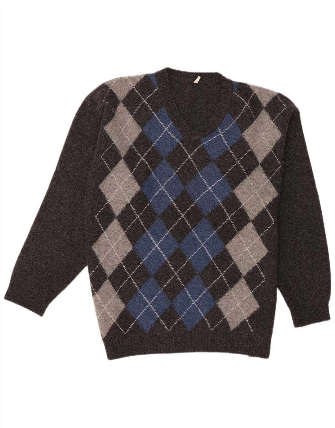 Vintage herre V-hals sweater XL Grå Argyle/Diamond lammeuld