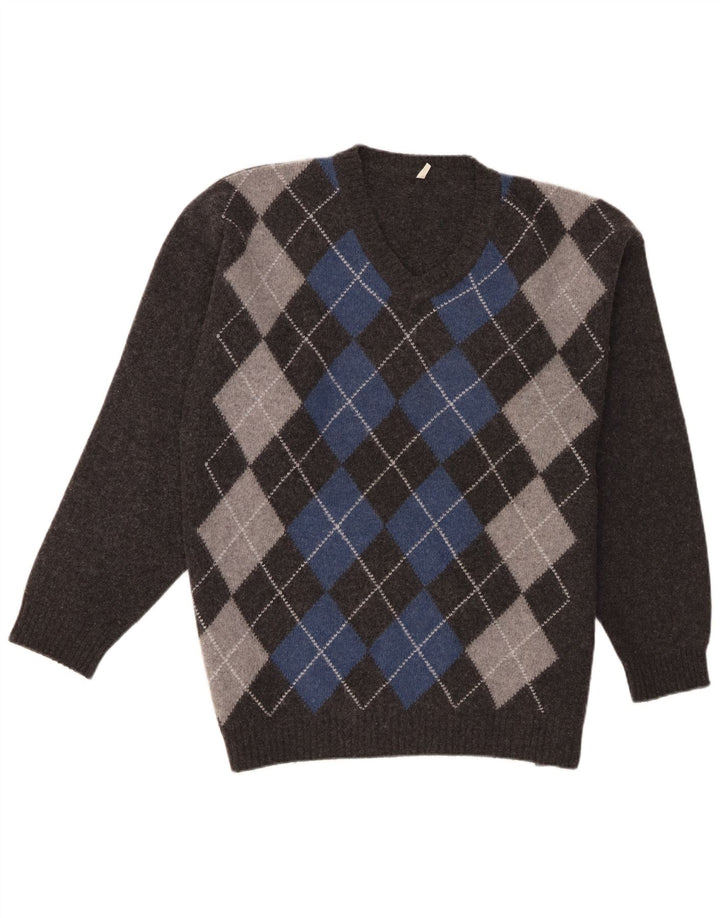 Vintage herre V-hals sweater XL Grå Argyle/Diamond lammeuld