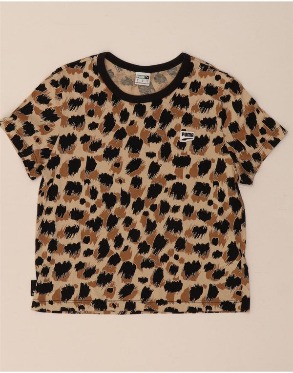 Puma Womens Crop T-Shirt Top UK 12 Medium Beige Animal Print Cotton