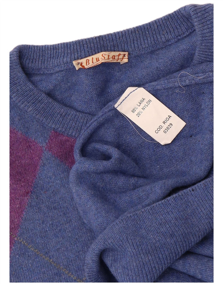 Vintage Herre Crew Neck Jumper Sweater Large Blue Argyle/Diamond Wool