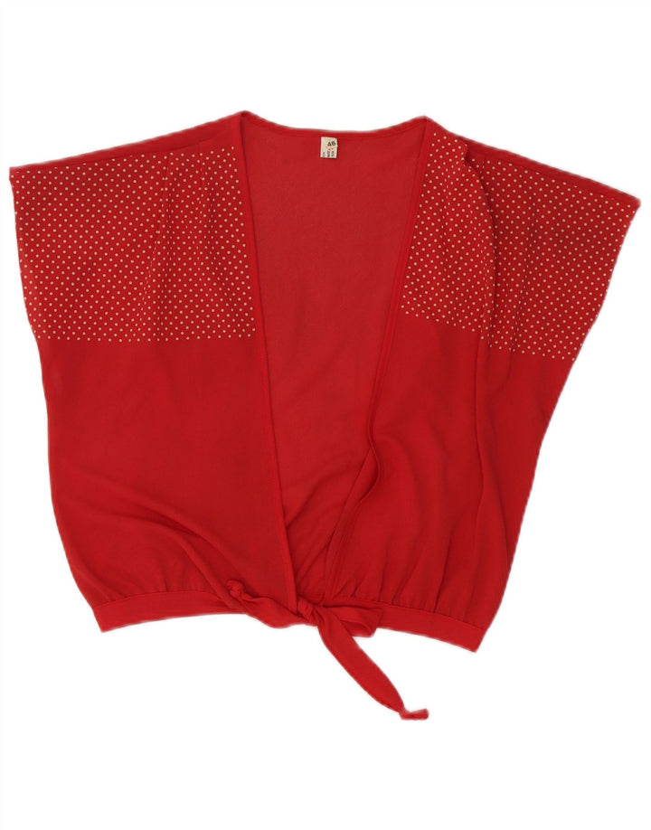 Vintage Dame Front Tie Cardigan Top IT 46 Stor Rød Plettet Triacetat