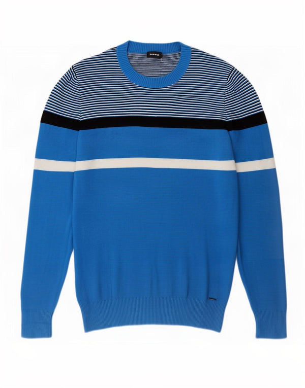 Diesel Mens Crew Neck Jumper Sweater Small Blue Colourblock Cotton