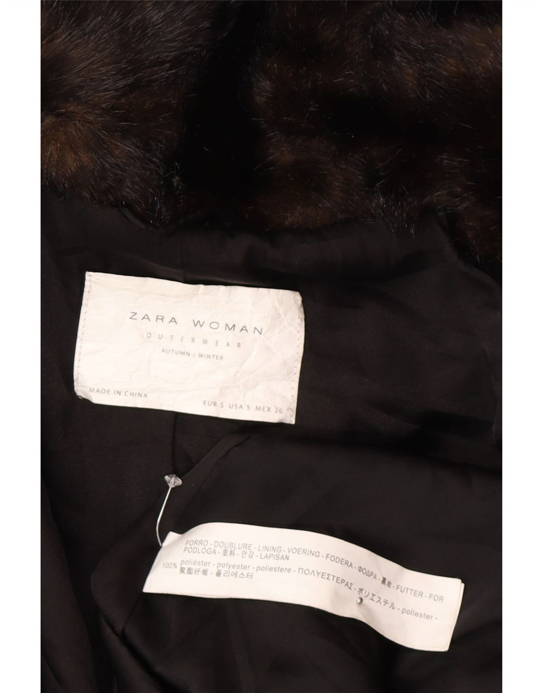 Zara Dame imiteret Fur Oversized Overfrakke UK 10 Small Brown Polyester Winter