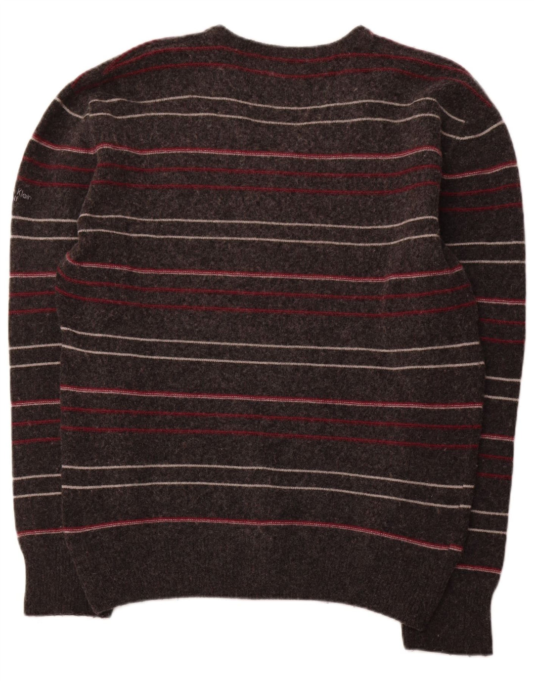 CALVIN KLEIN Mens V-Neck Jumper Sweater XL Grey Striped Lambswool