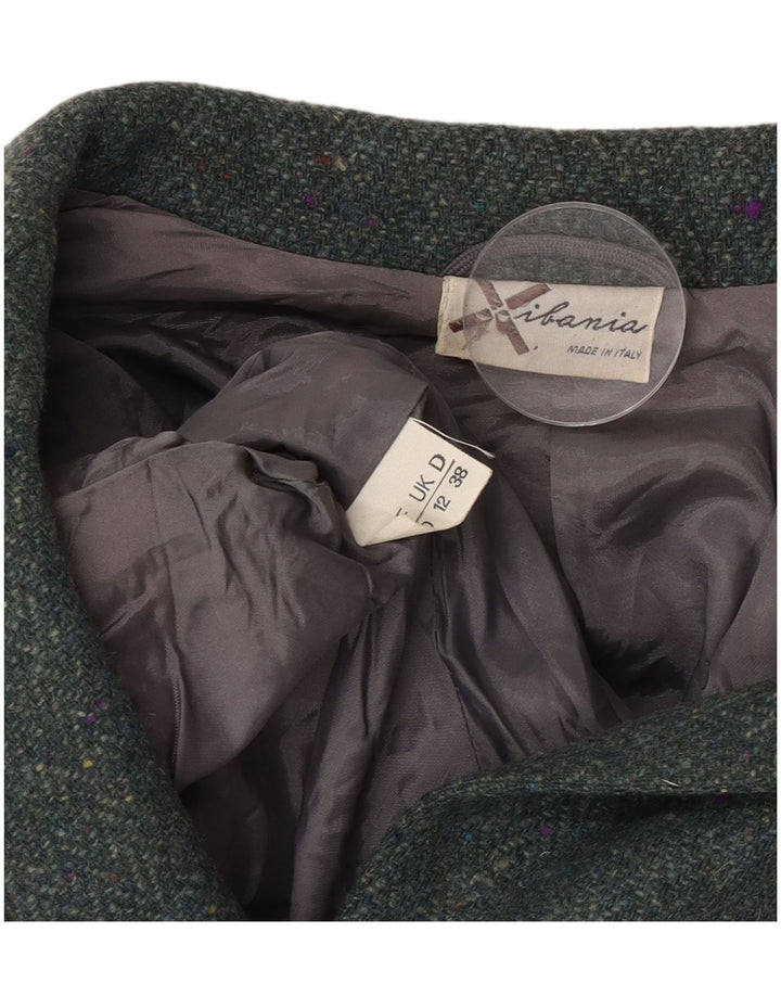 Vintage Dame Crop 4 Button Blazer Jacket UK 12 Medium Green Herringbone