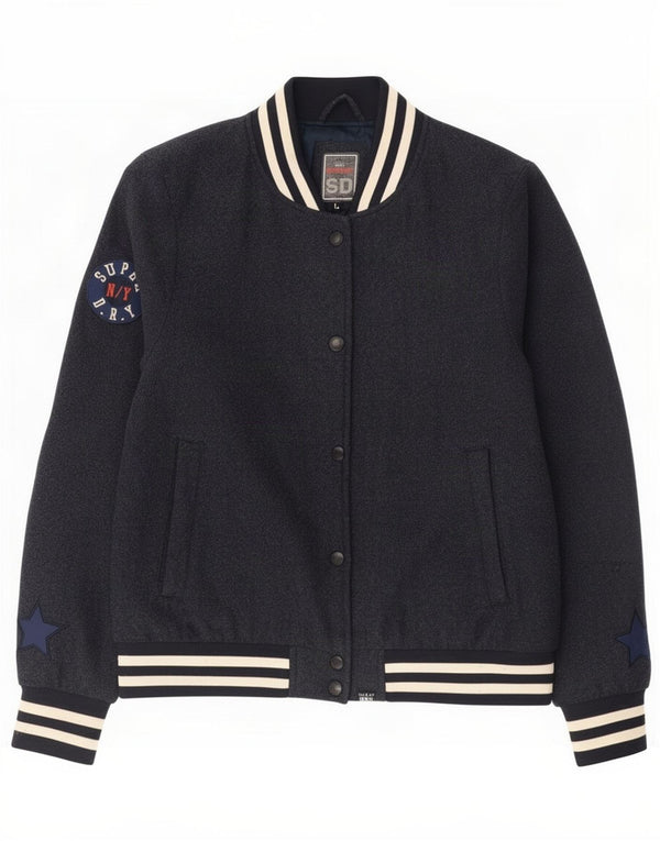 Superdry Womens Varsity Jacket UK 16 Large Navy Blue Wool