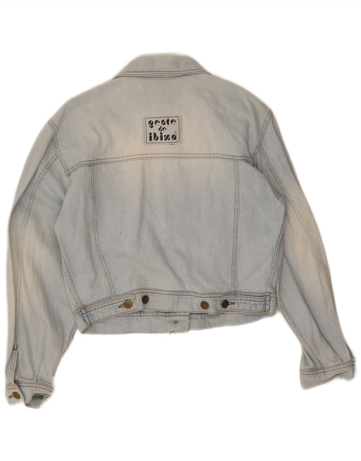 Vintage Dame Crop Graphic Denim Jacket UK 10 Small Blue Cotton