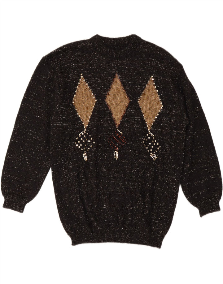 VINTAGE Dame sweater med rund hals DK 14 Medium Black Argyle/Diamond