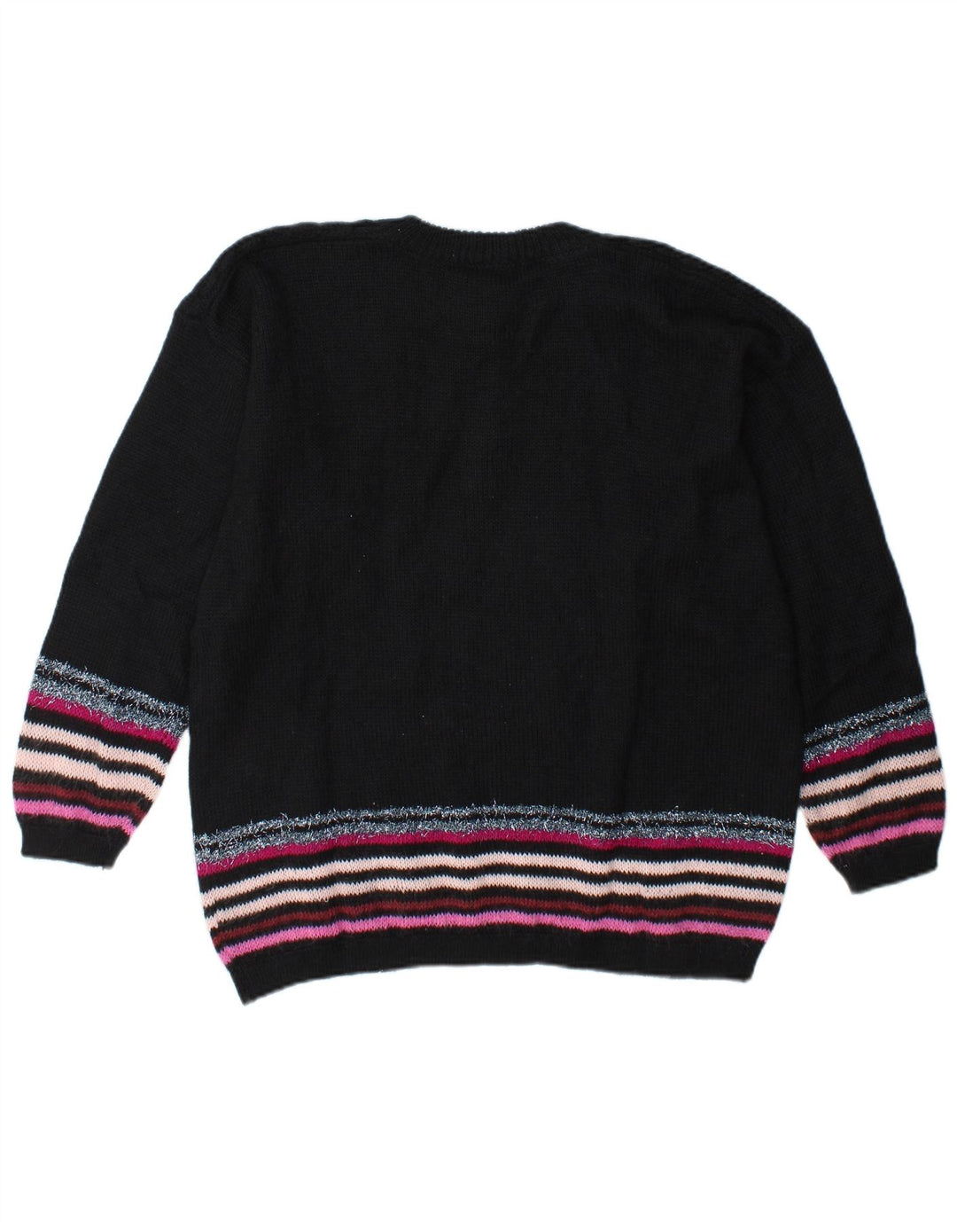 Vintage Kvinders Grafisk Button Neck Jumper Sweater UK 14 Stor Sort Stribet