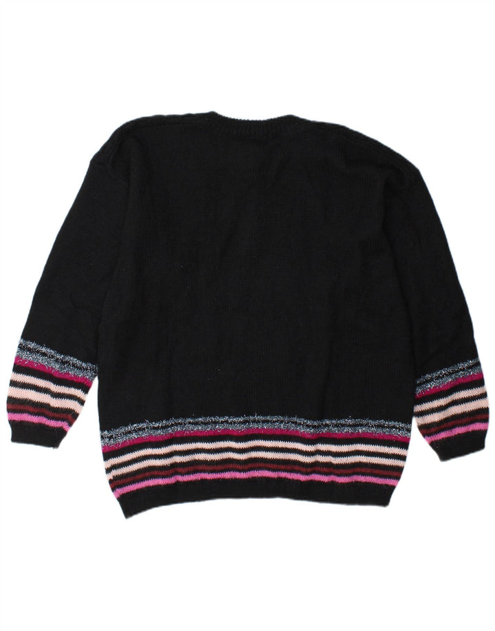 Vintage Kvinders Grafisk Button Neck Jumper Sweater UK 14 Stor Sort Stribet